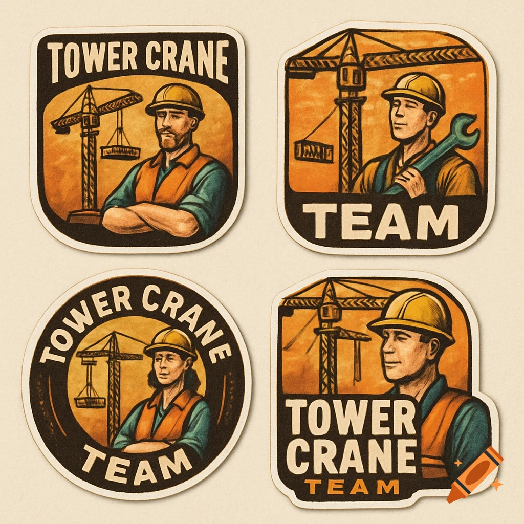 Four sticker illustrations featuring construction workers and tower cranes.