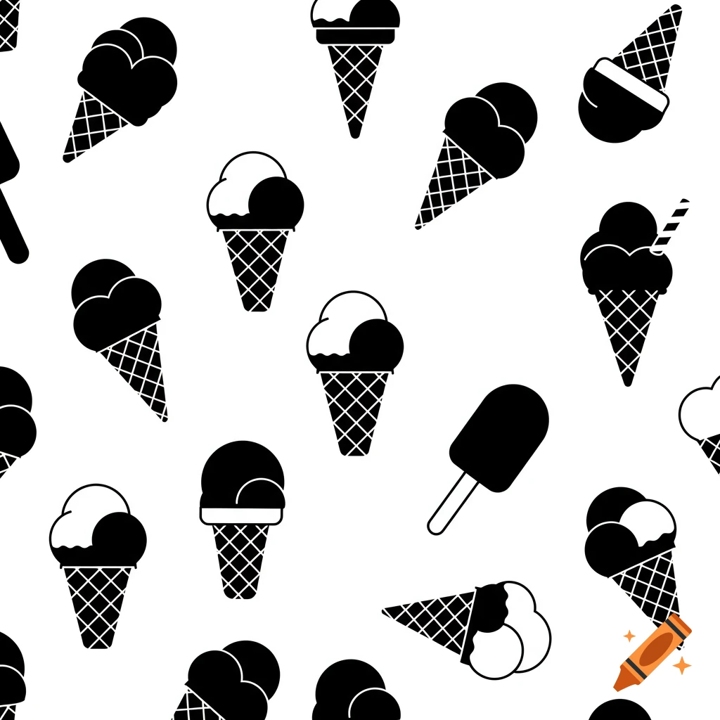 A seamless black and white pattern featuring various ice cream cones and popsicles.