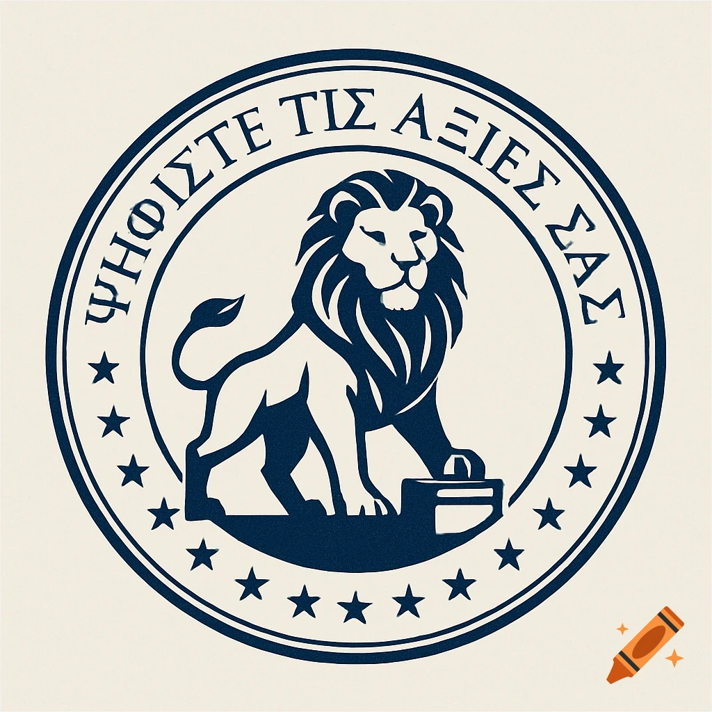 A circular stylized logo with a lion standing over a ballot box, surrounded by text and stars.