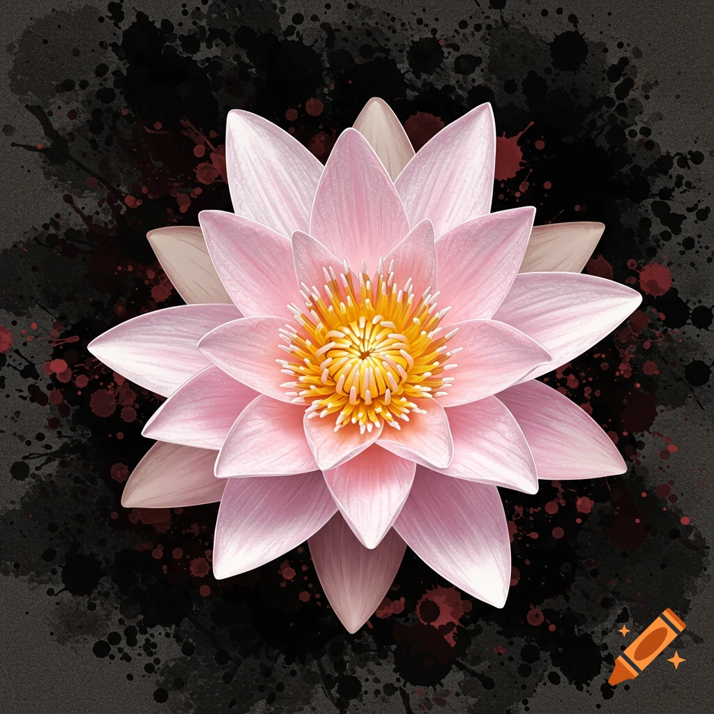 Pink lotus flower with yellow center on a dark background with ink splatters.