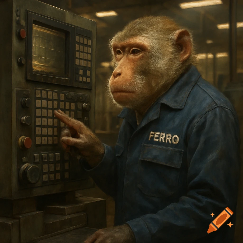 Realistic image of a monkey in a work uniform operating a CNC machine in a factory.