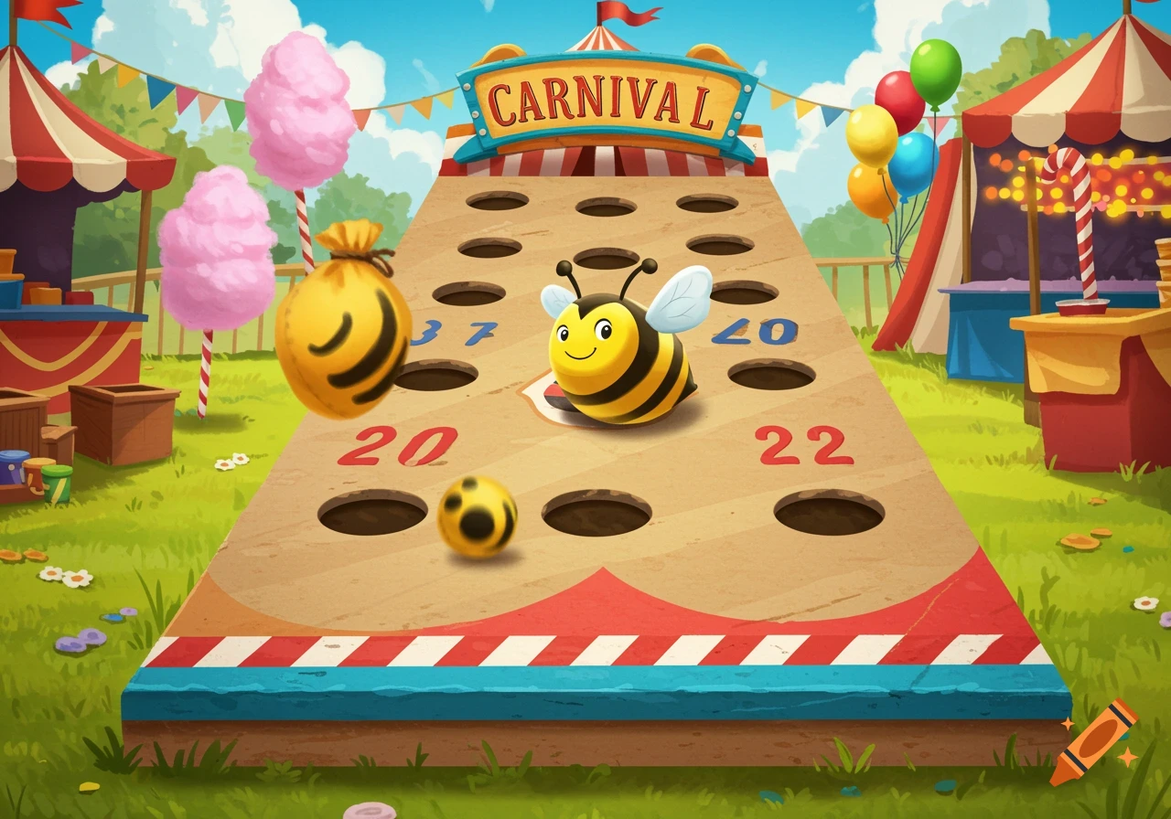 Cartoon illustration of a carnival game called 'CARNIVAL' with a bee, bee-themed bag, and numbered holes on a wooden board.