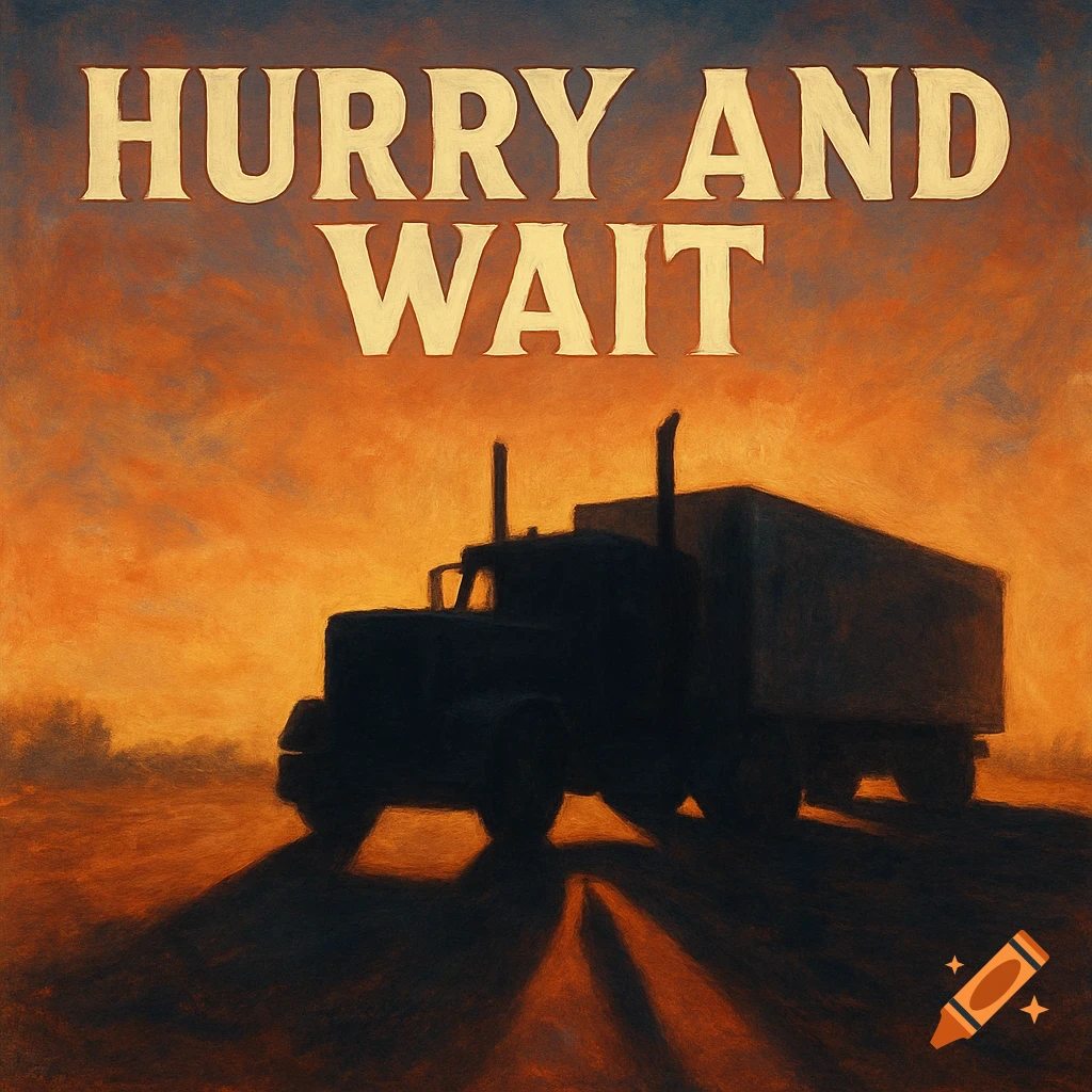 A silhouette of a semi-truck driving against an orange sunset sky. The text "HURRY AND WAIT" is at the top.