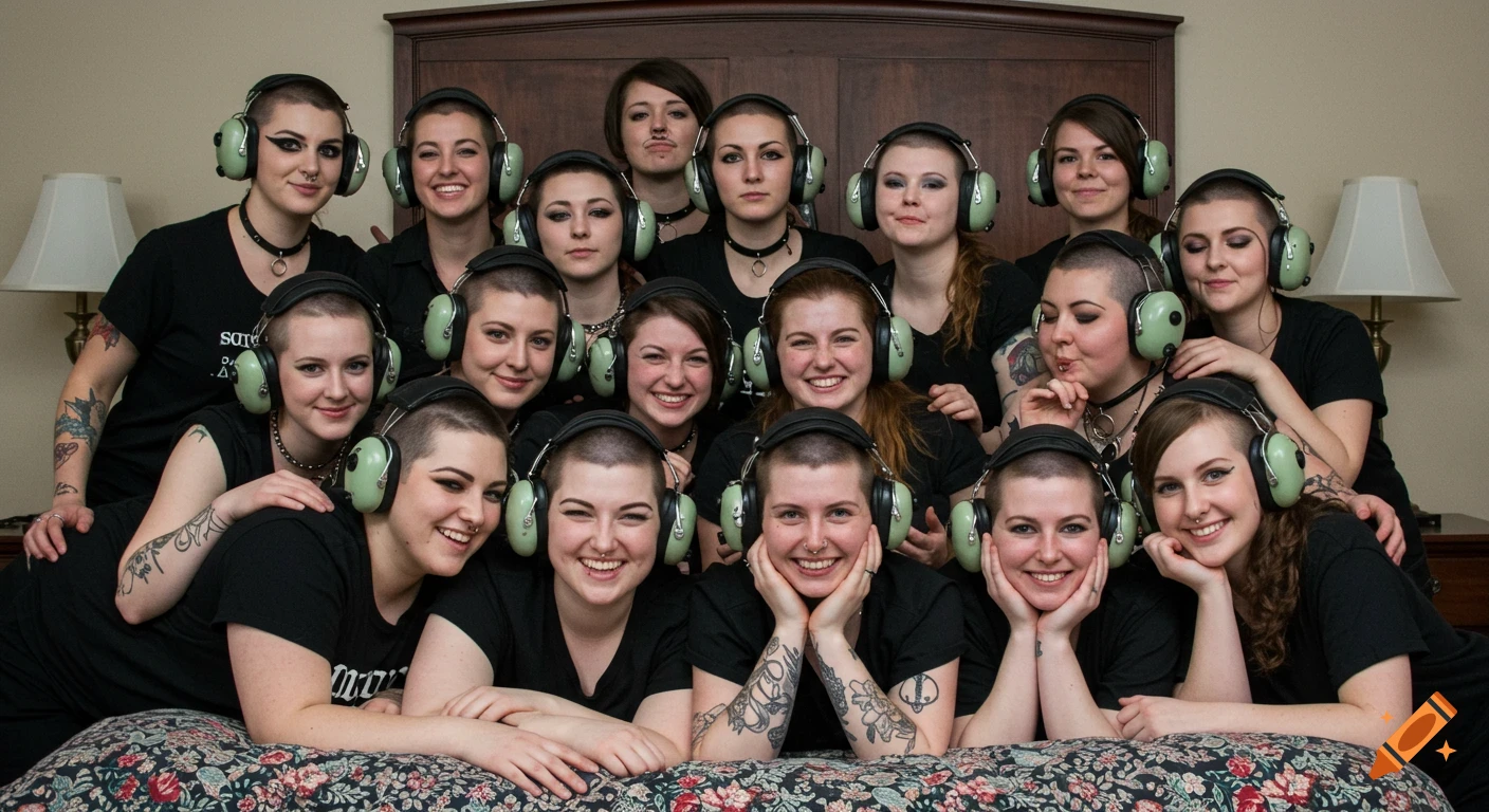 Group of smiling women with buzz cuts, tattoos, piercings, and large headphones lie on a bed.