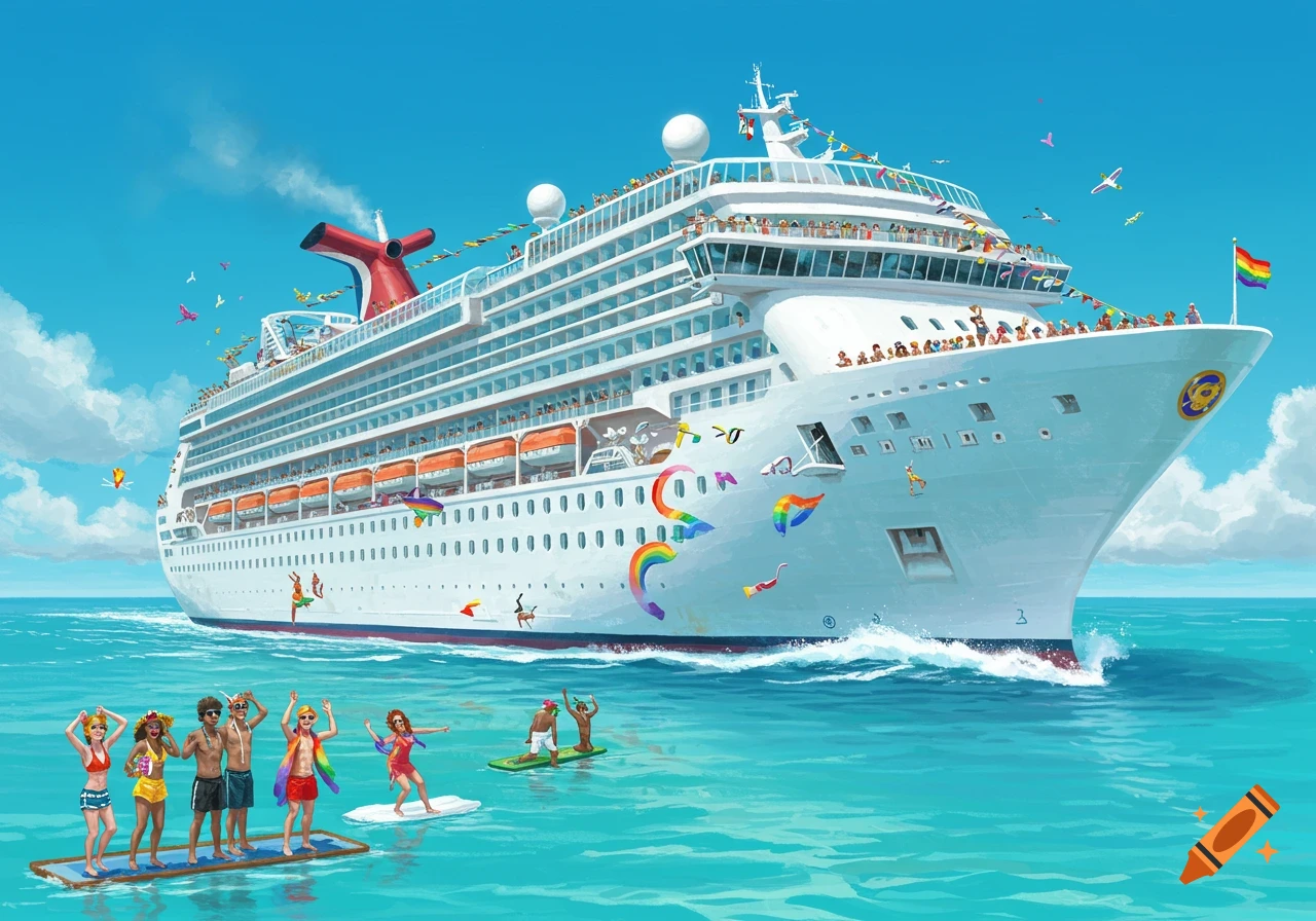 Illustration of a large cruise ship decorated with rainbows sailing on a blue ocean with people waving from the deck and in the water.