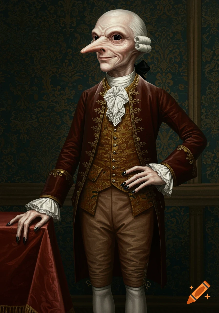 Portrait of a creepy-looking alien creature with pearl white skin, long nose, and long fingers, wearing red regency-style clothing.