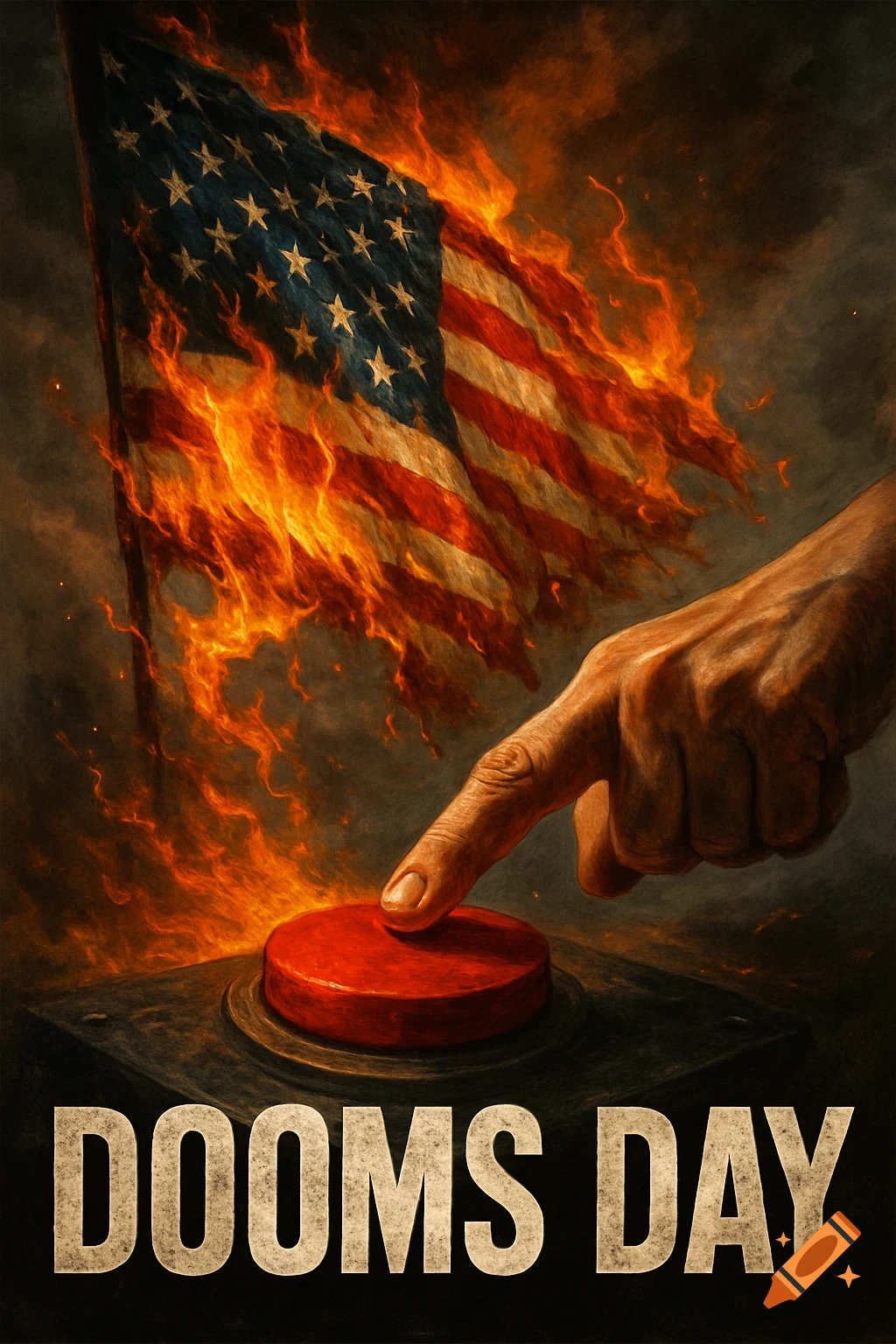 Burning American flag above a hand pressing a red button, with 'DOOMS DAY' text below.