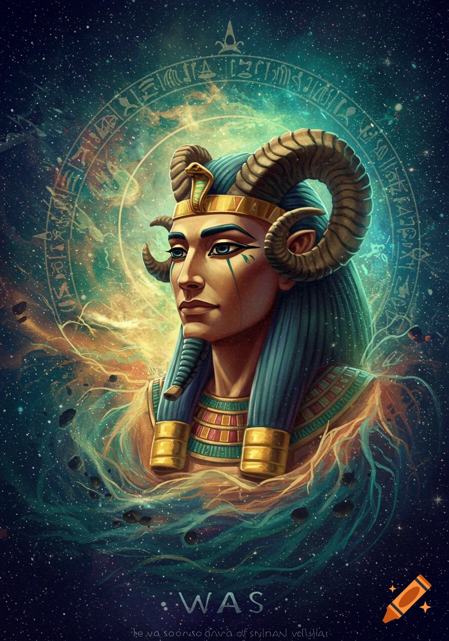 Portrait of a person with ram horns and Egyptian headdress against a cosmic background with hieroglyphs.