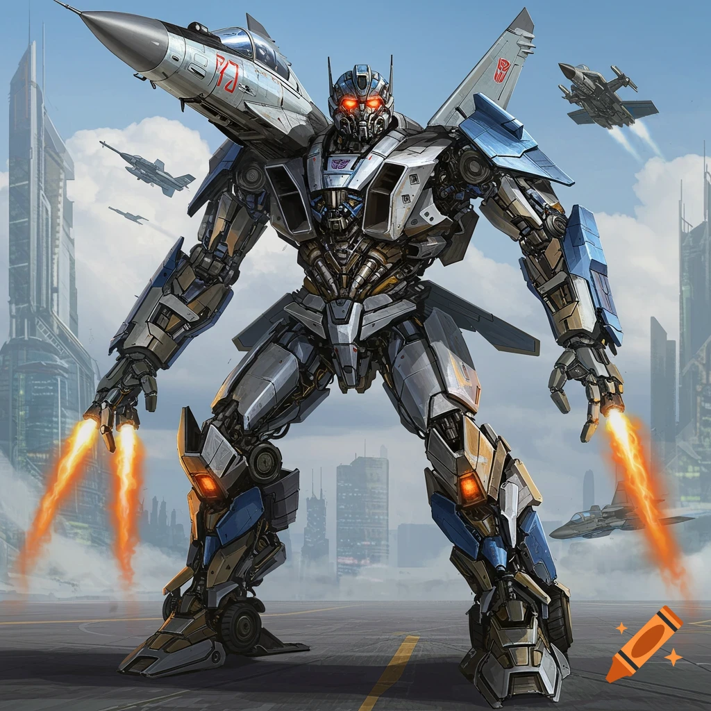 Transformer robot made from a jet stands on airfield with other jets and futuristic buildings.