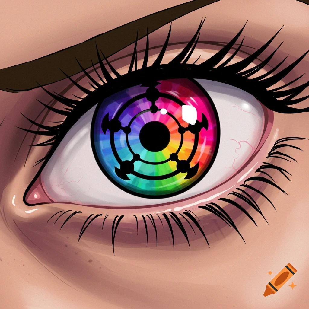 Close up of a rainbow colored Sharingan eye in anime style.