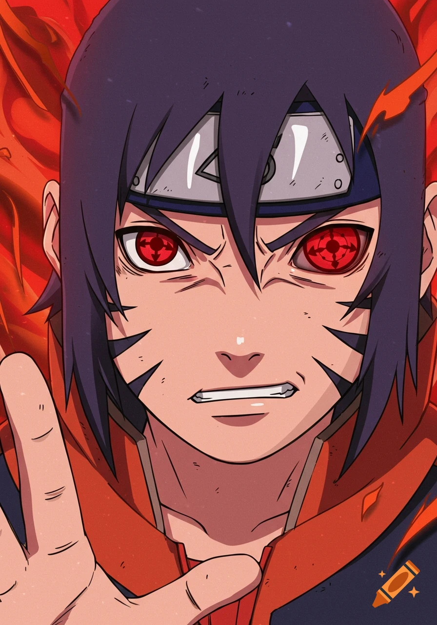 Close-up anime portrait of a character with red Sharingan eyes and headband, hand raised