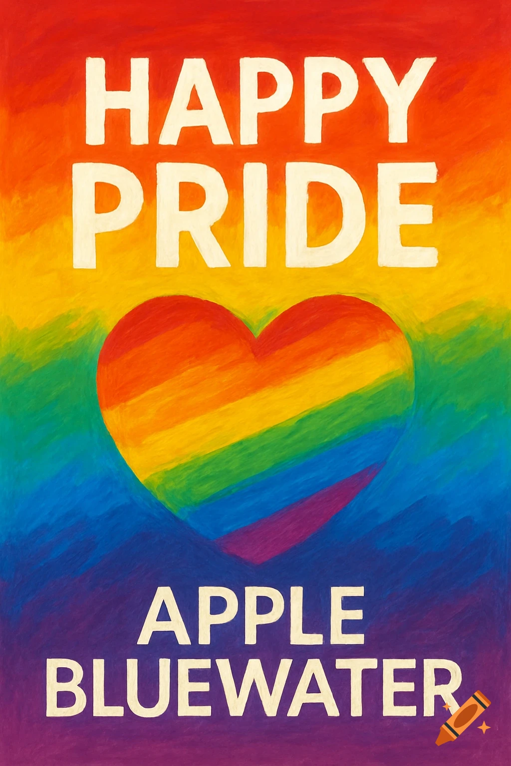 Colorful poster with 'Happy PRIDE Apple Bluewater' text and a rainbow heart.