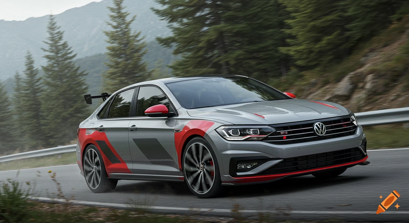 Gray and red Volkswagen GLI driving on a mountain road