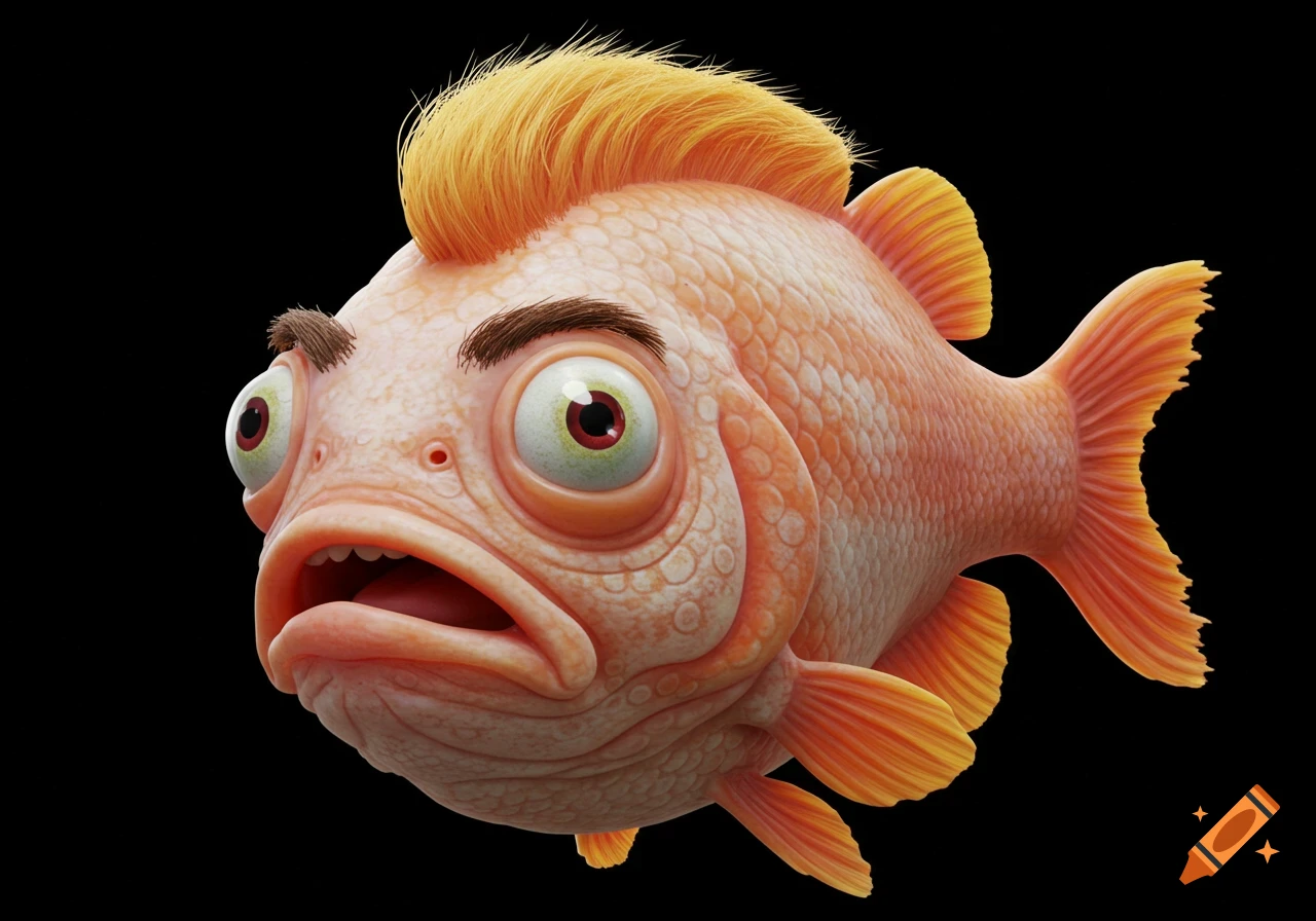 Stylized orange fish with bushy eyebrows and open mouth against a black background.