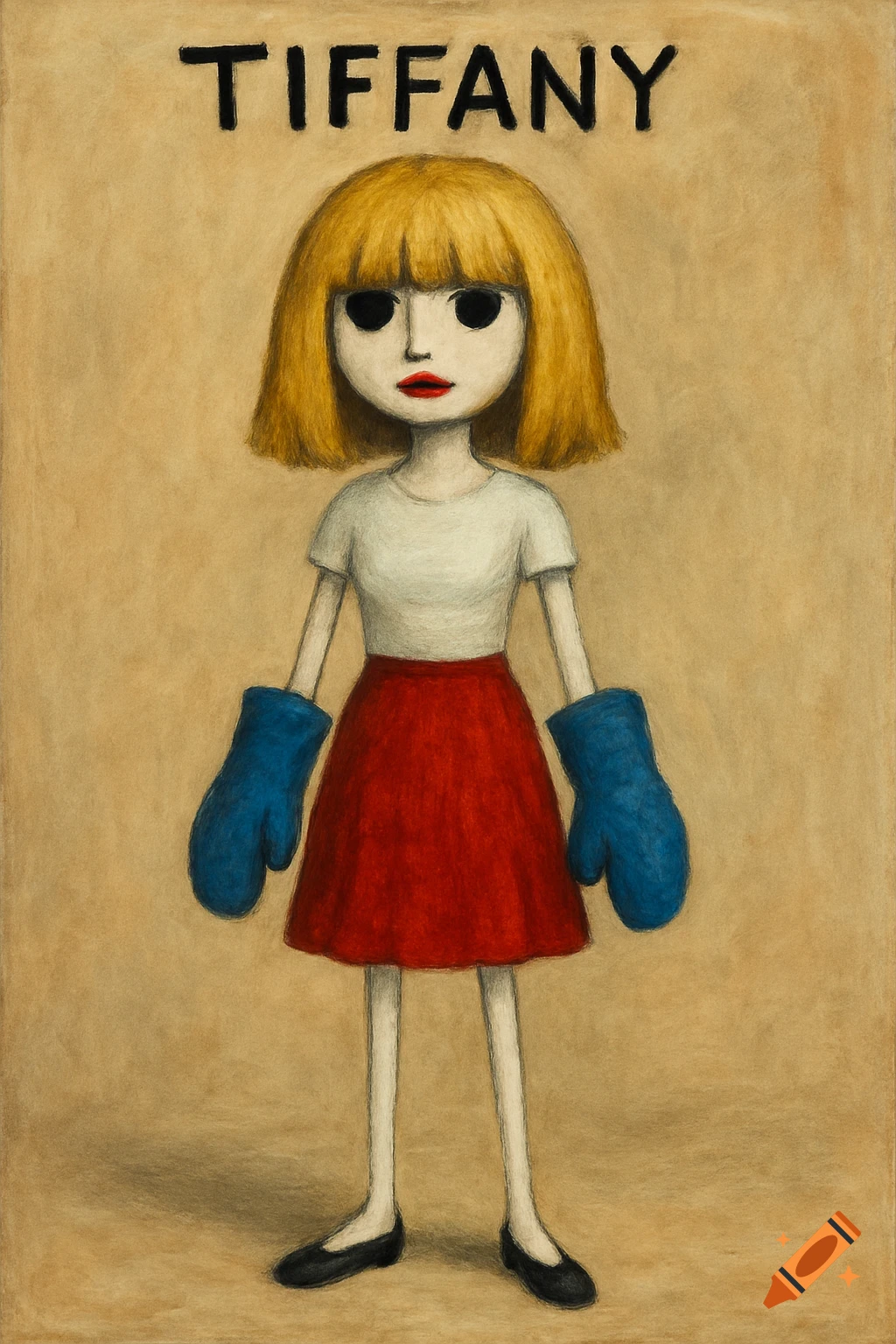 Stylized illustration of a doll-like character named Tiffany, wearing a white top, red skirt, blue oven mitts, and black shoes.