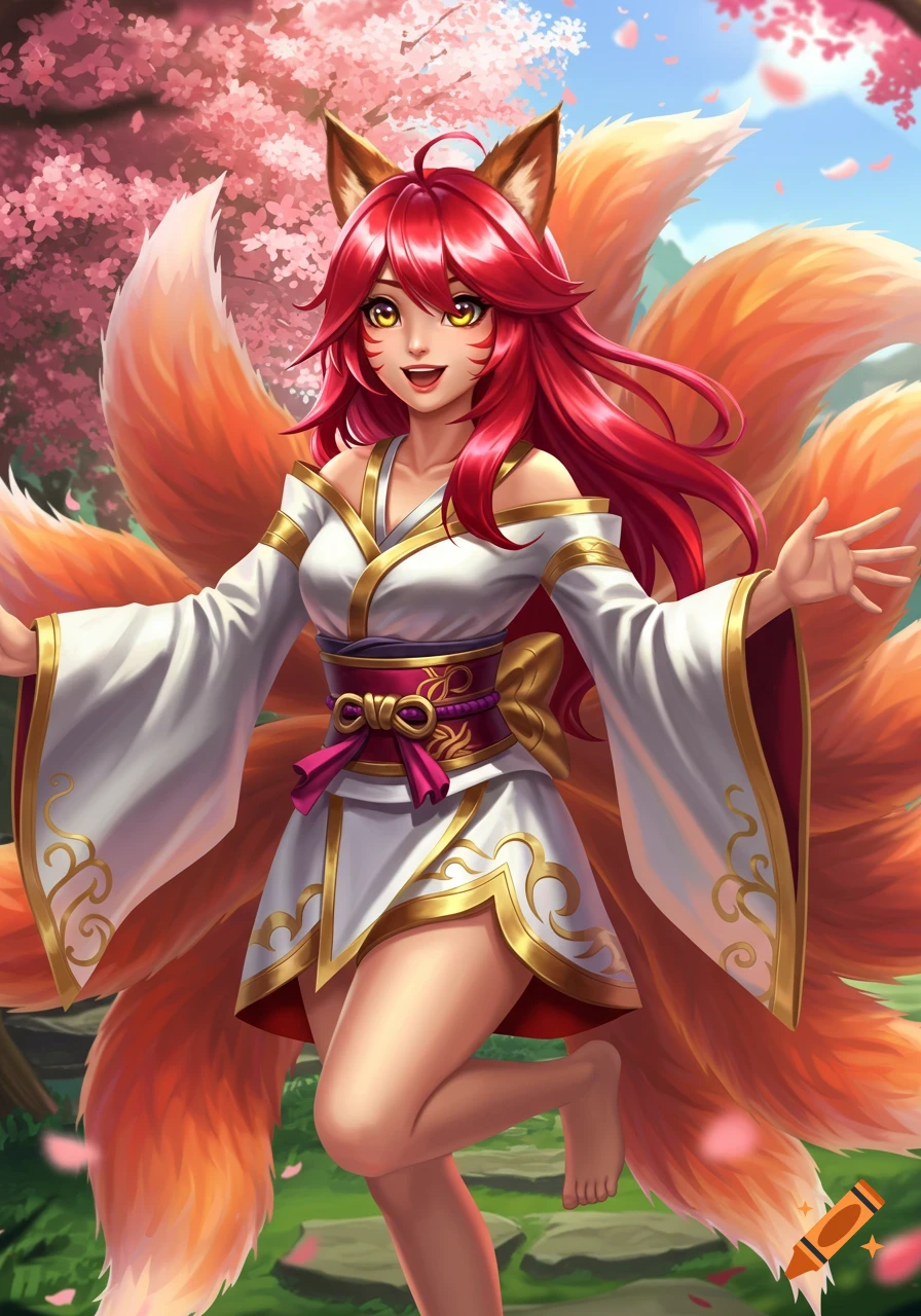 Anime kitsune girl with red hair and multiple tails in a white dress stands under cherry blossoms.