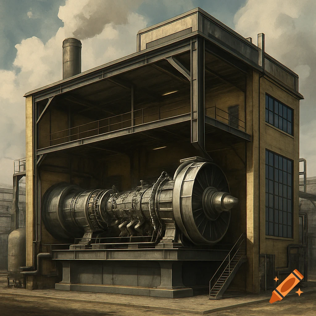 Industrial building with a cutaway view showing a large gas turbine inside.
