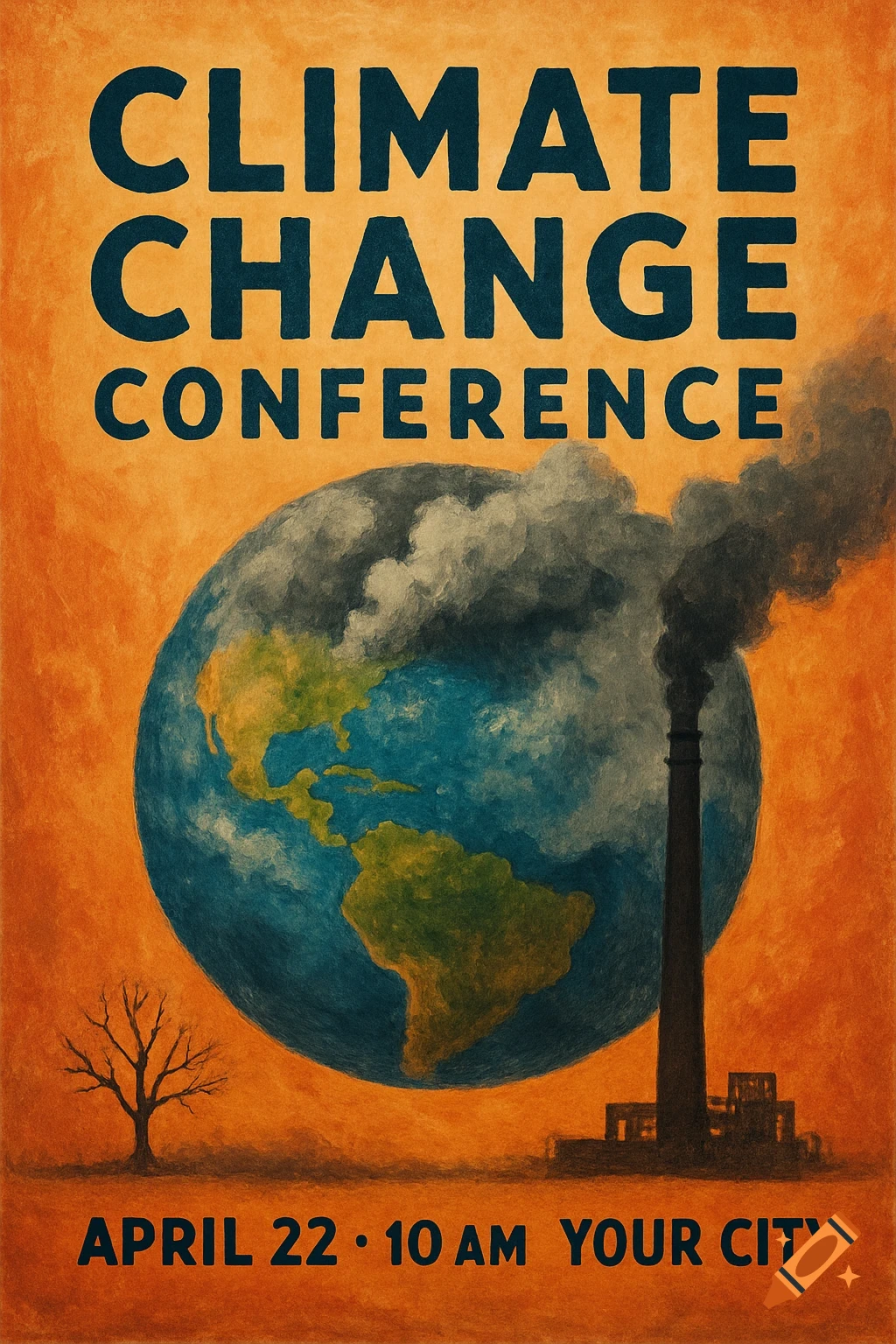 Climate Change Conference poster showing Earth, a smokestack, a tree, and event details.
