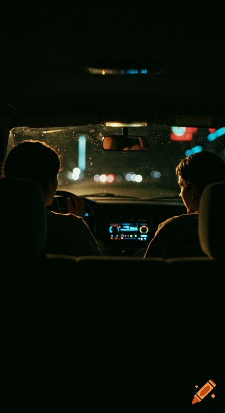 Two people sit in the back seat of a car at night, looking at blurry city lights through the windshield.