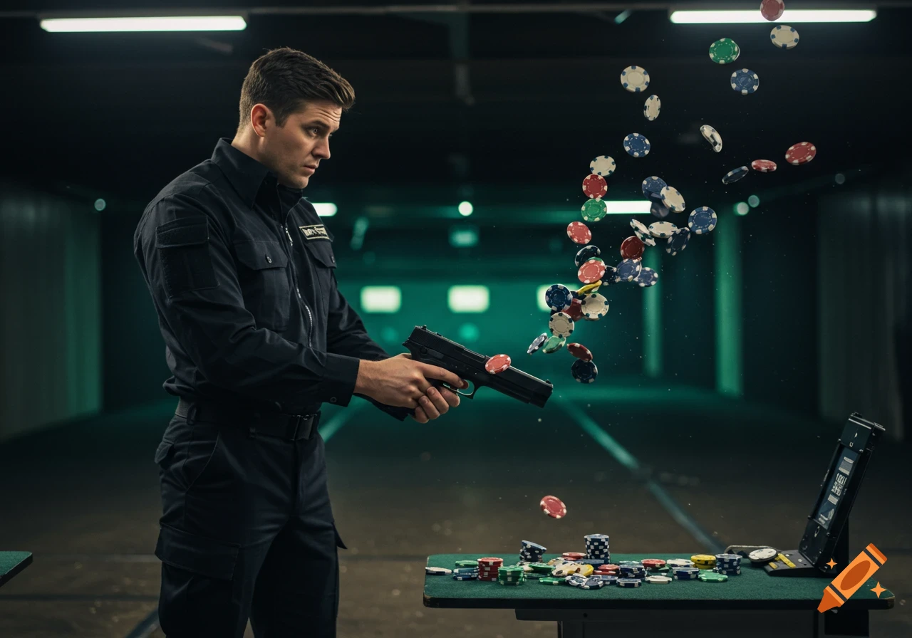 A man in a black uniform fires a gun at a shooting range, causing poker chips to fly out of the barrel.