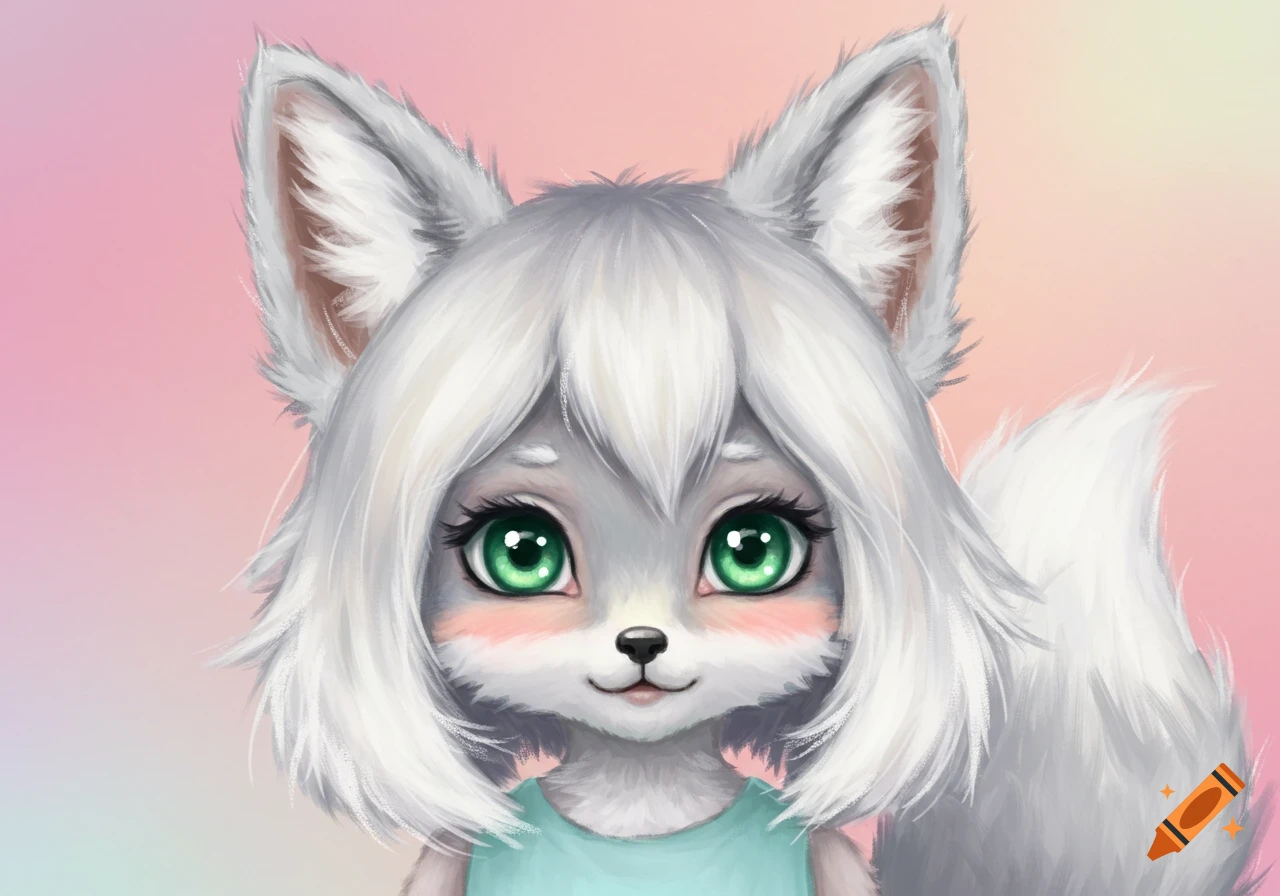 Cute white furry fox girl with green eyes, digital art portrait
