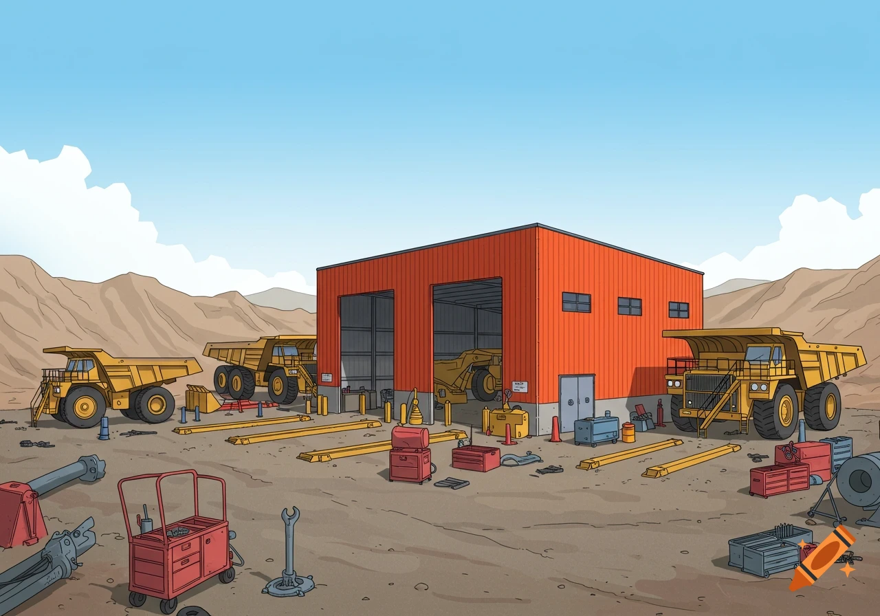 Vector art illustration of a mining truck maintenance depot with trucks and tools outside an orange shed.