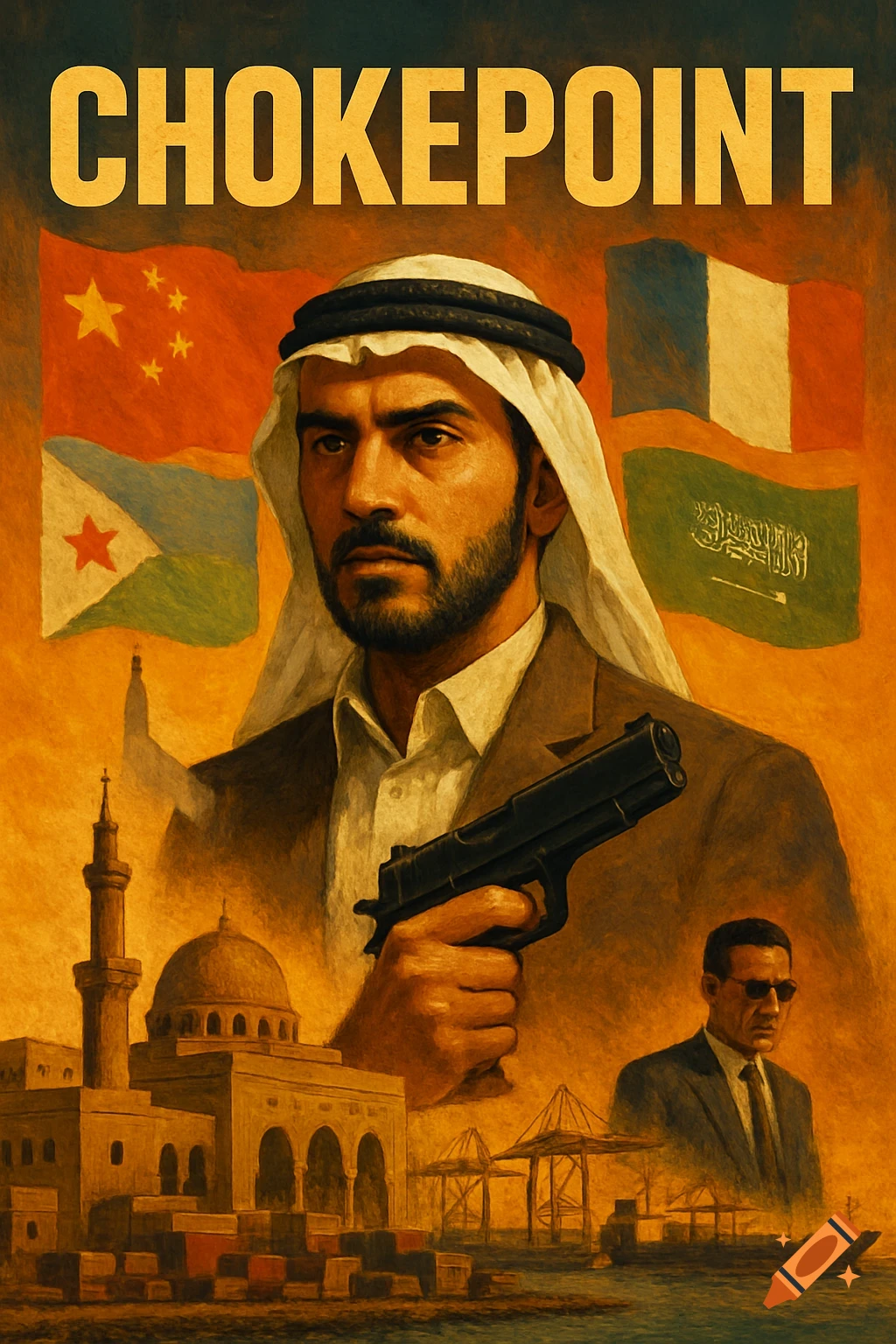 Movie poster titled CHOKEPOINT featuring a man with a gun, flags, mosque, and port scene.