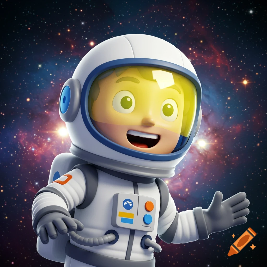 Cartoon astronaut smiling in a spacesuit against a starry nebula background.