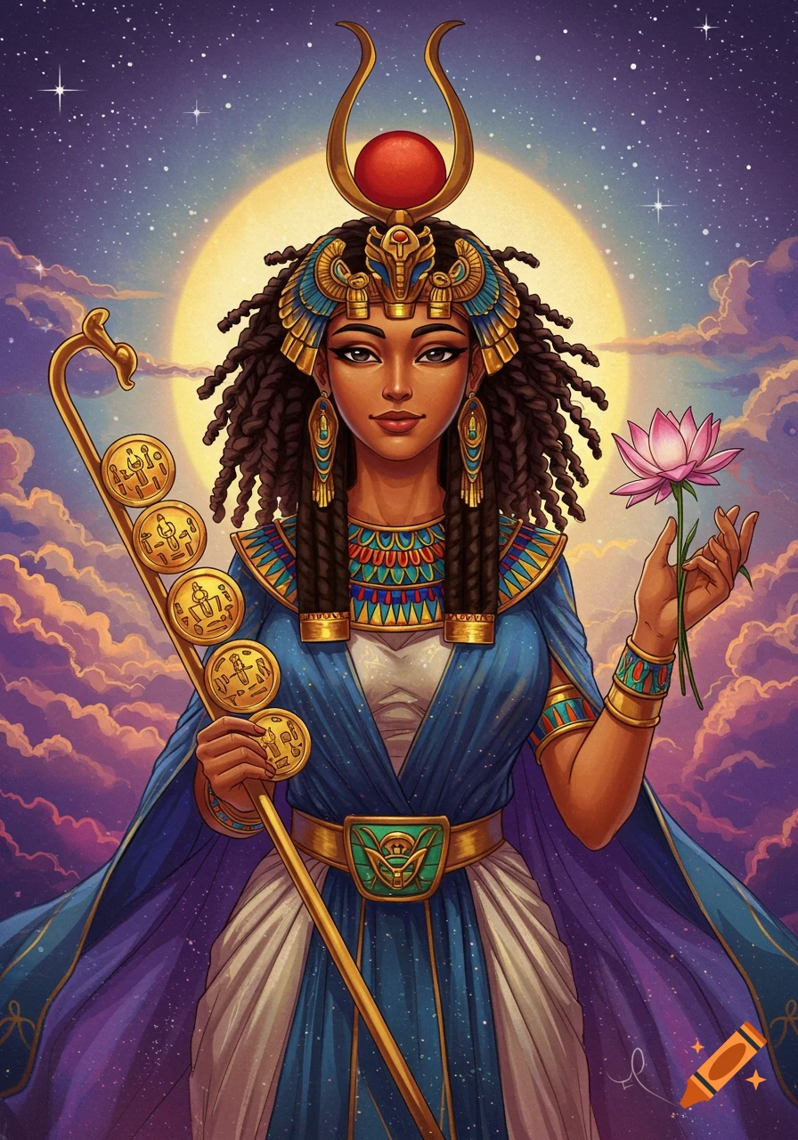 Illustration of an ancient Egyptian goddess holding a staff and lotus under a sun and starry sky.
