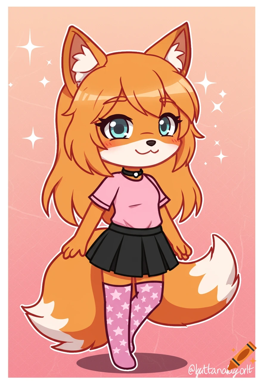 A cute cartoon fox character in pink shirt, black skirt, and star leggings in Gacha Club style.