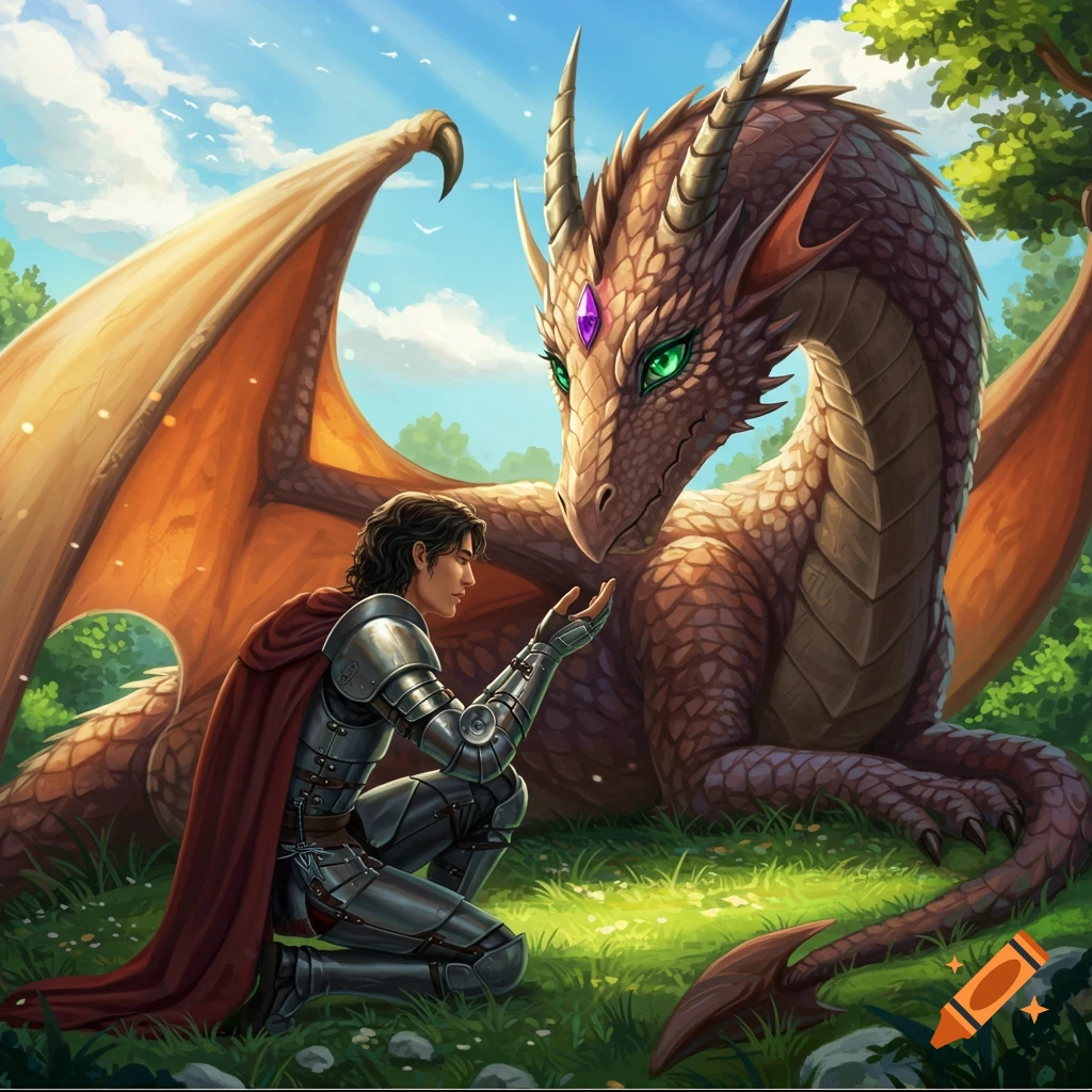 A knight in armor kneels before a large dragon in a forest clearing.