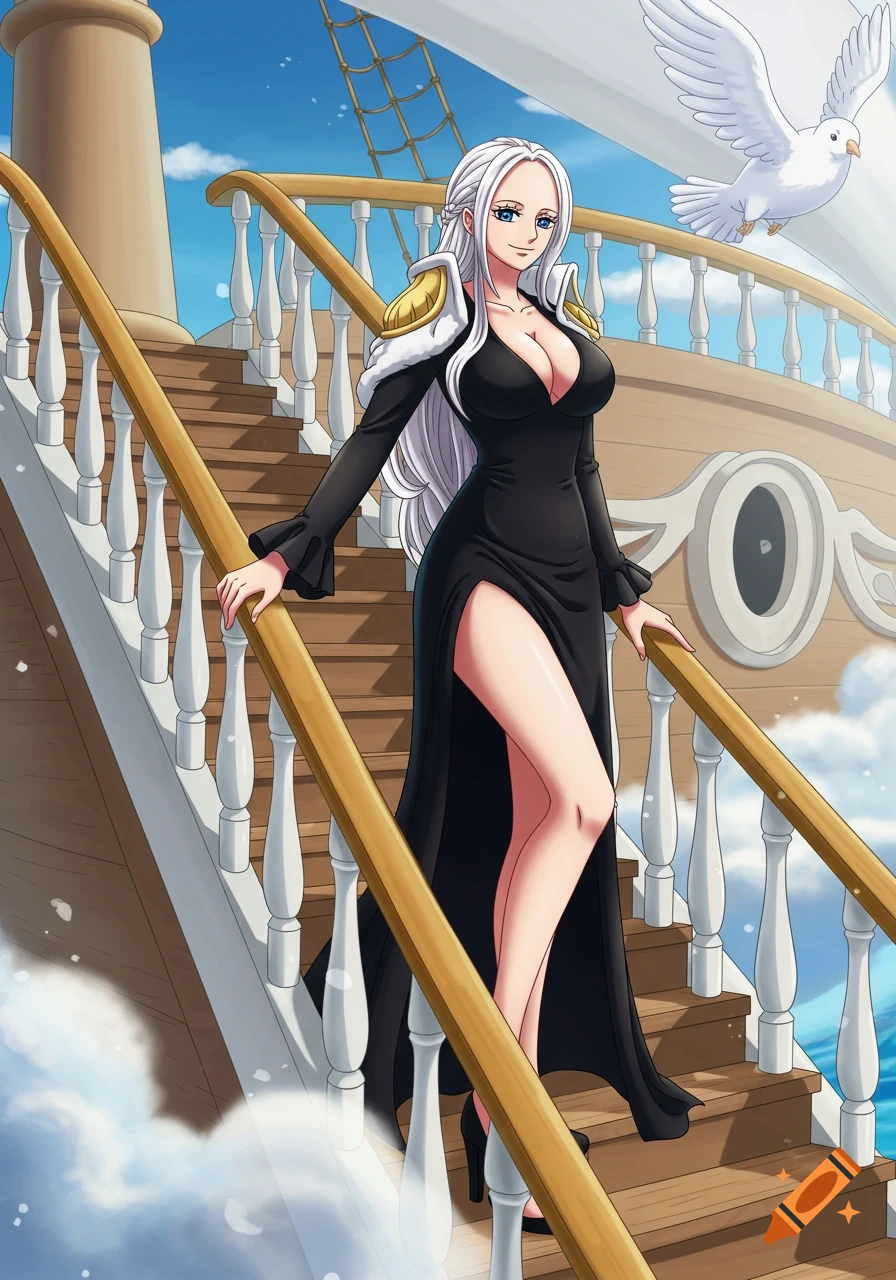 Anime woman with long white hair in a black dress descending a ship staircase with a dove in the background.