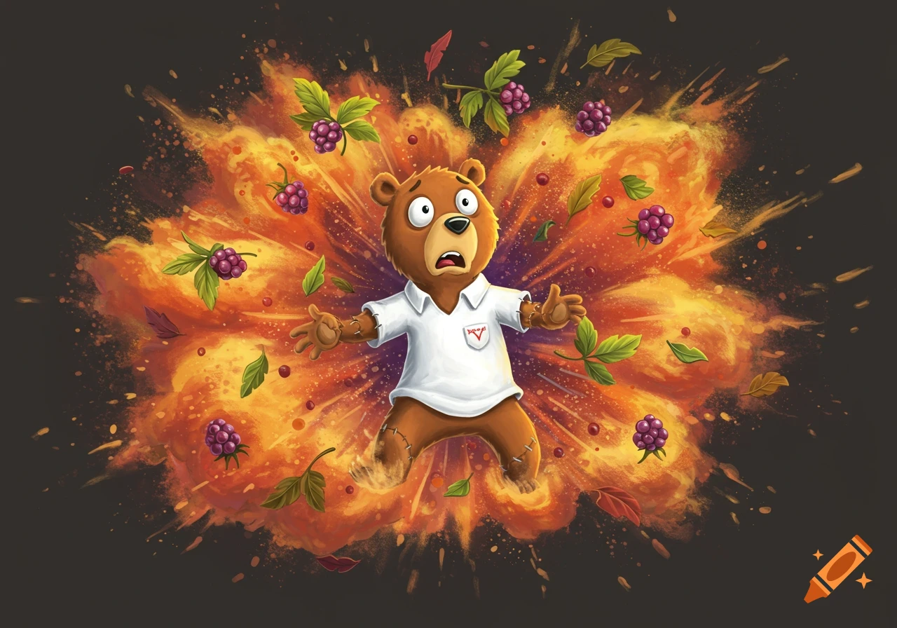 A surprised cartoon bear in a white shirt is caught in a colorful explosion of berries and leaves.
