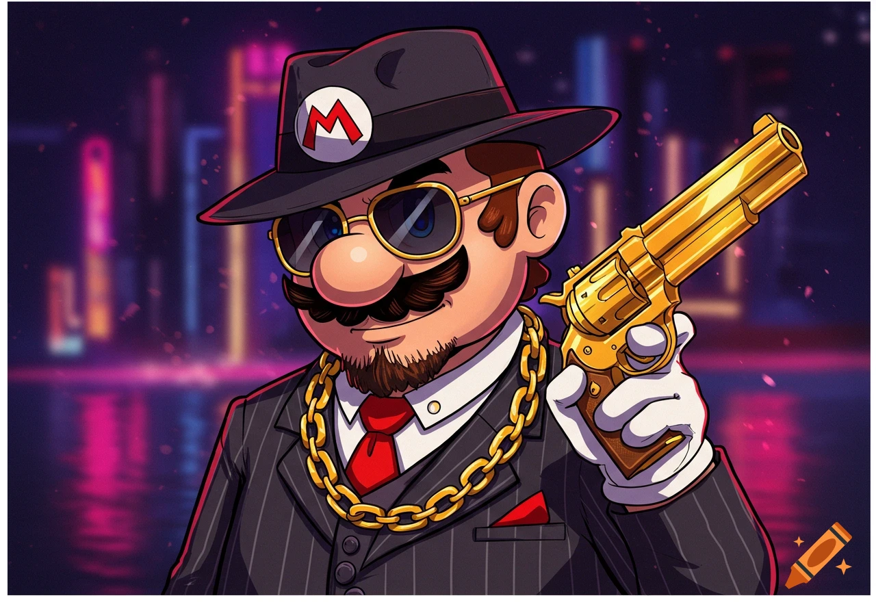 Cartoon Mario dressed as a gangster in a suit, hat, sunglasses, and gold chain, holding a golden gun against a neon city backdrop.