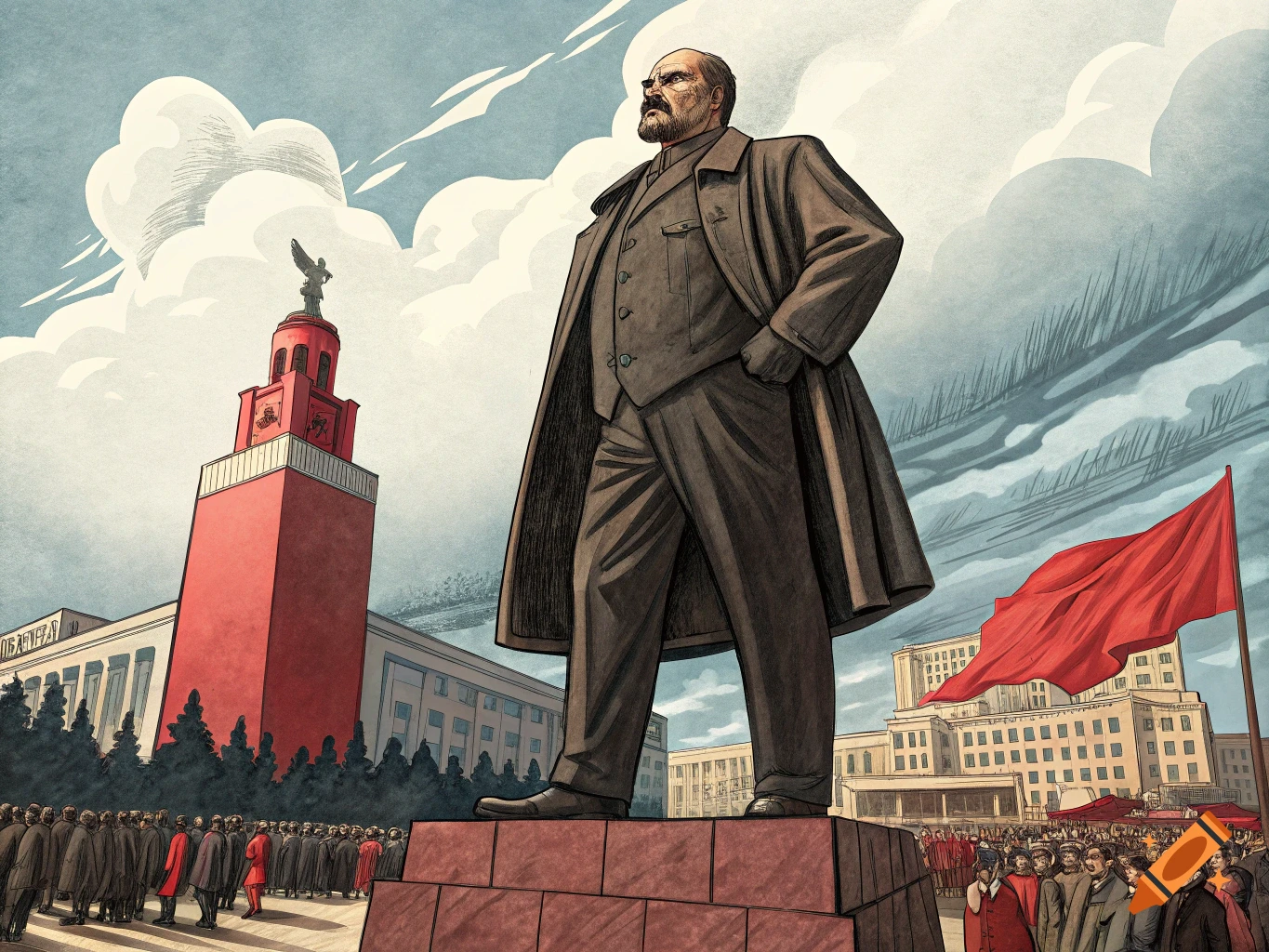 Stylized illustration of a giant Vladimir Lenin statue overlooking a crowd near a red tower and flag.
