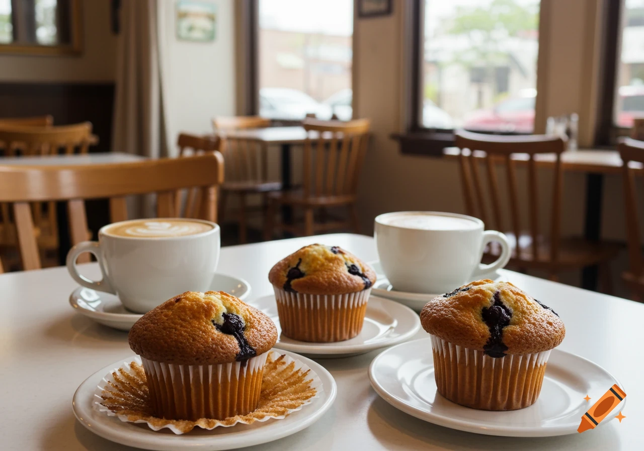 Two blueberry muffins and two cups of coffee on a table in a cafe.