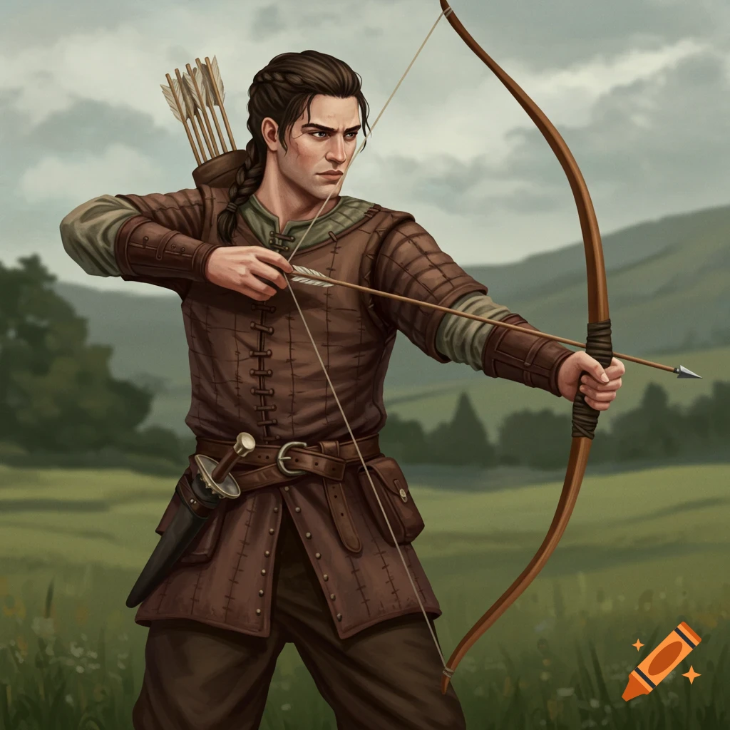 Medieval archer drawing bow in a field, illustrated style.