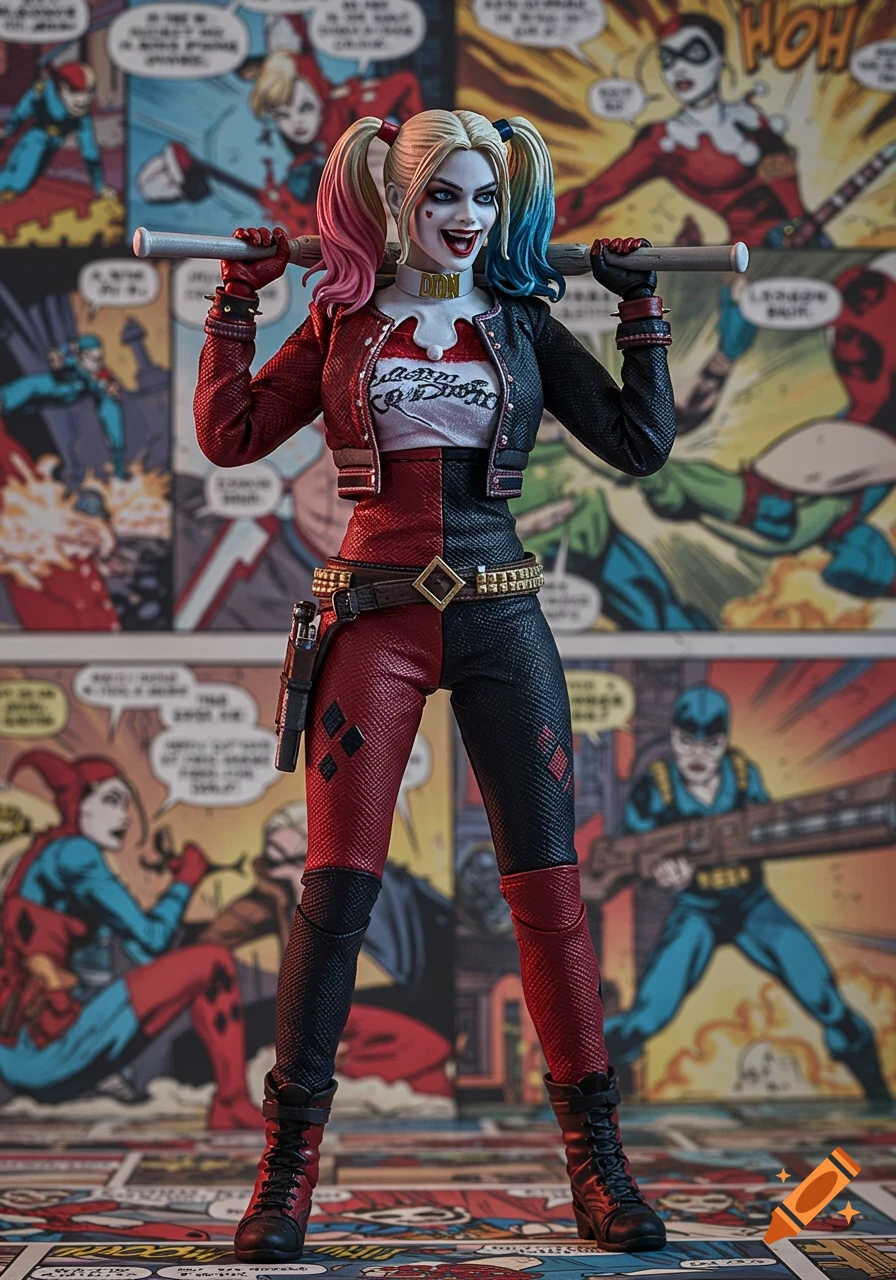 A detailed action figure of Harley Quinn in her red and black suit holds a baseball bat in front of a blurred comic book panel background.