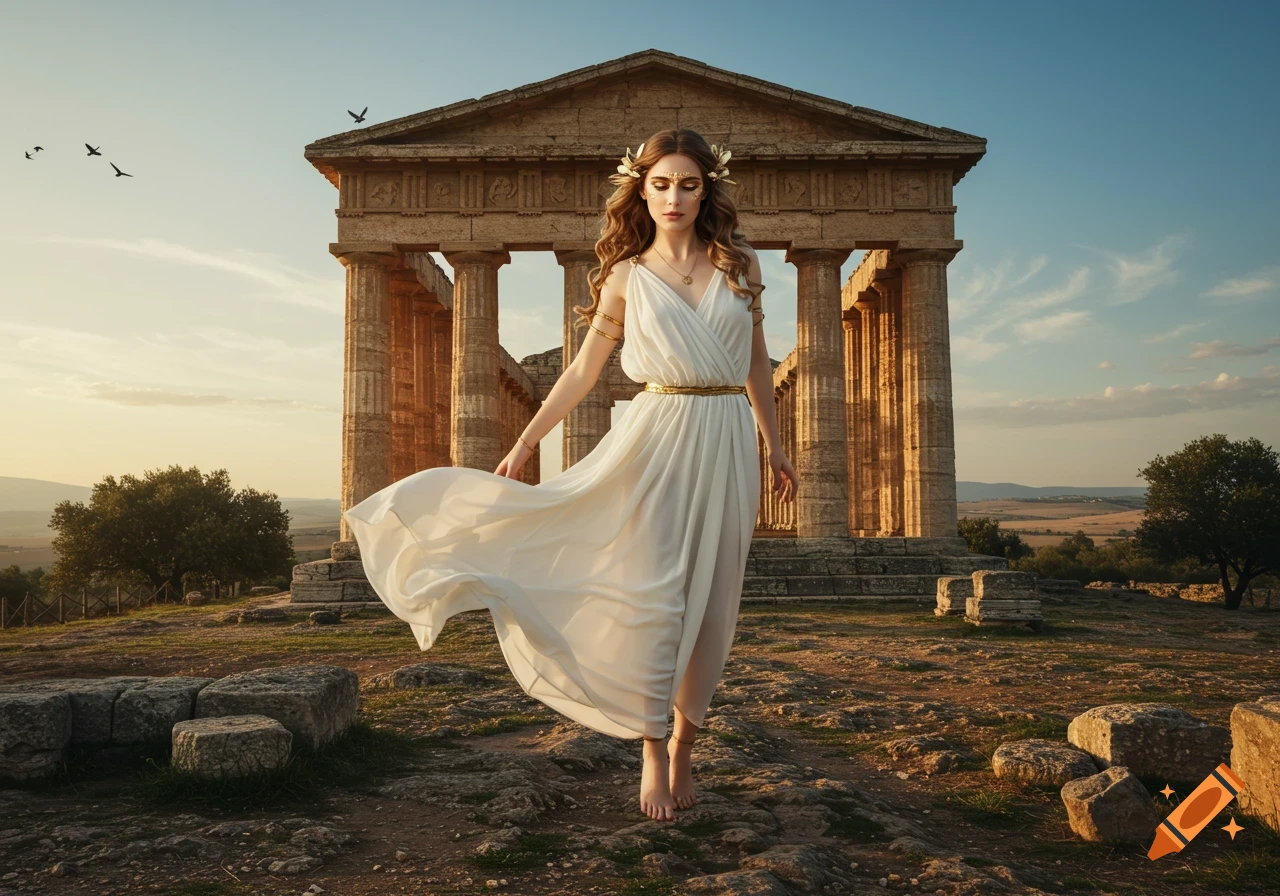 A woman in a white gown floats before a classical Greek temple at sunset.