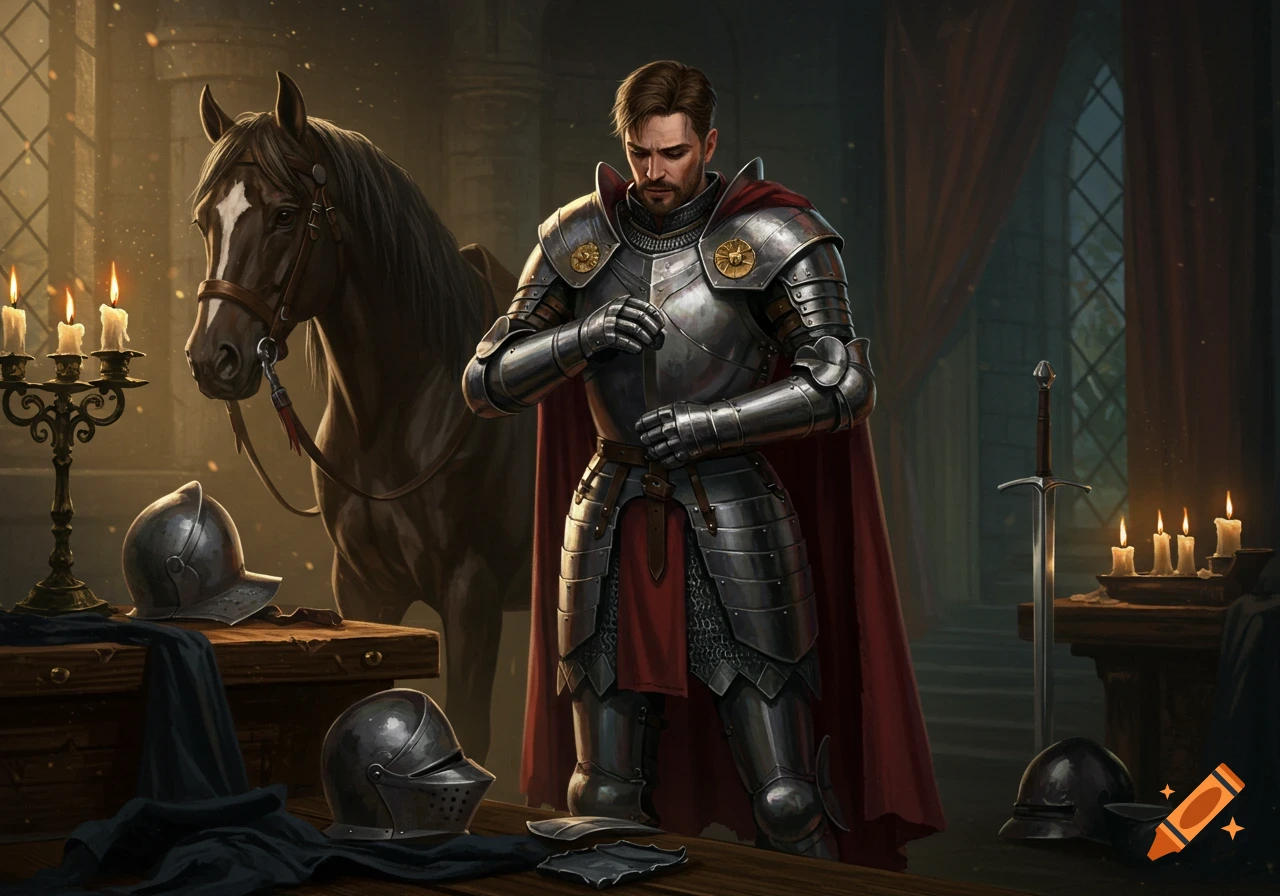 A knight puts on silver armor next to his horse in a dimly lit room.