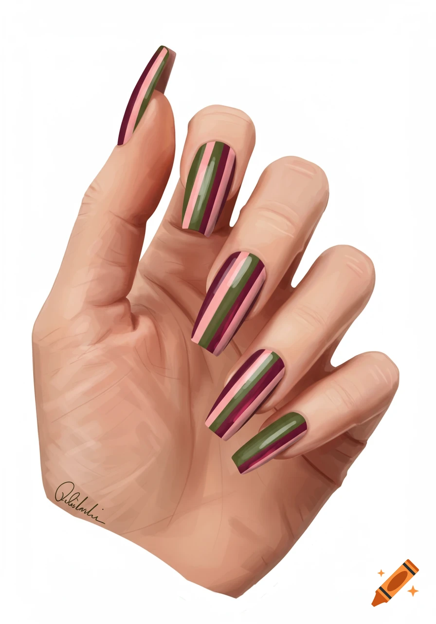 A hand with long, coffin-shaped nails painted with vertical stripes in olive green, blush pink, and dark cherry colors.