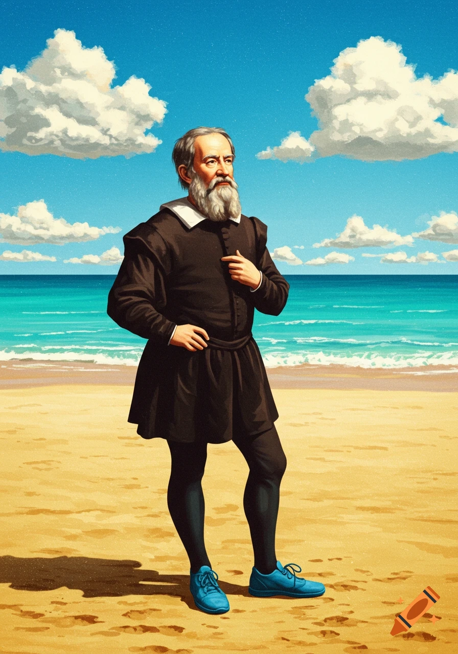 Illustration of a historical figure in dark robe and white collar standing on a beach in bright blue sneakers.