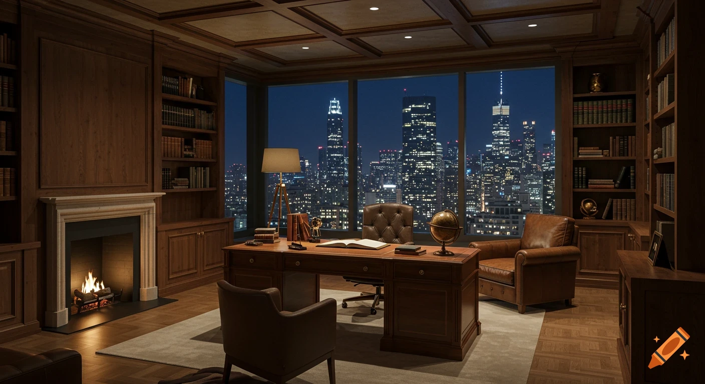 Image showcasing Luxurious penthouse office library with fireplace and city skyline view ...