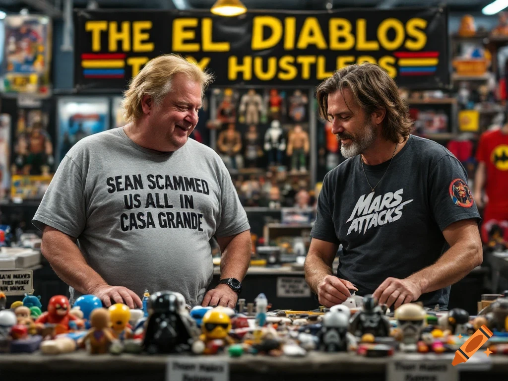 Two men talk at a toy convention booth filled with vintage toys.