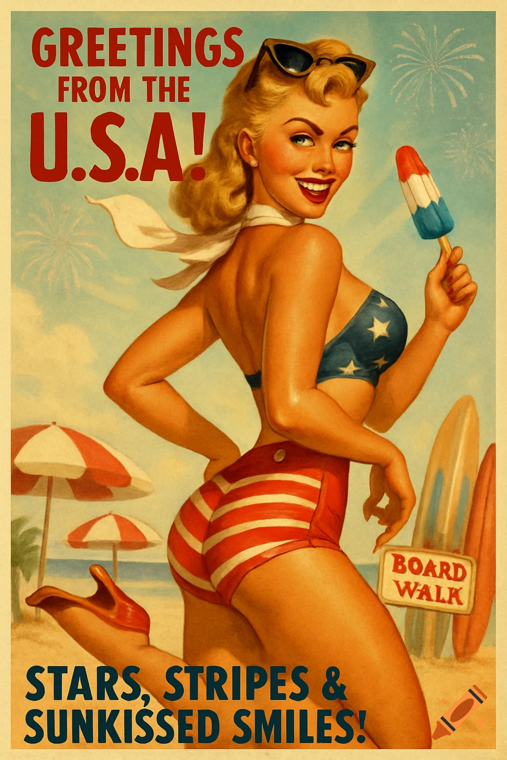 Retro pin-up illustration of a woman in an American flag bikini on a beach with text.