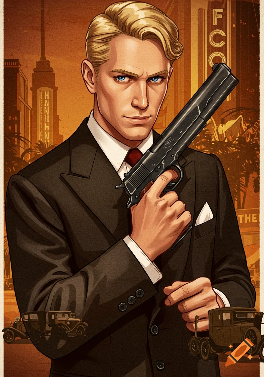 Illustration of a blonde man in a 1920s suit holding a pistol.