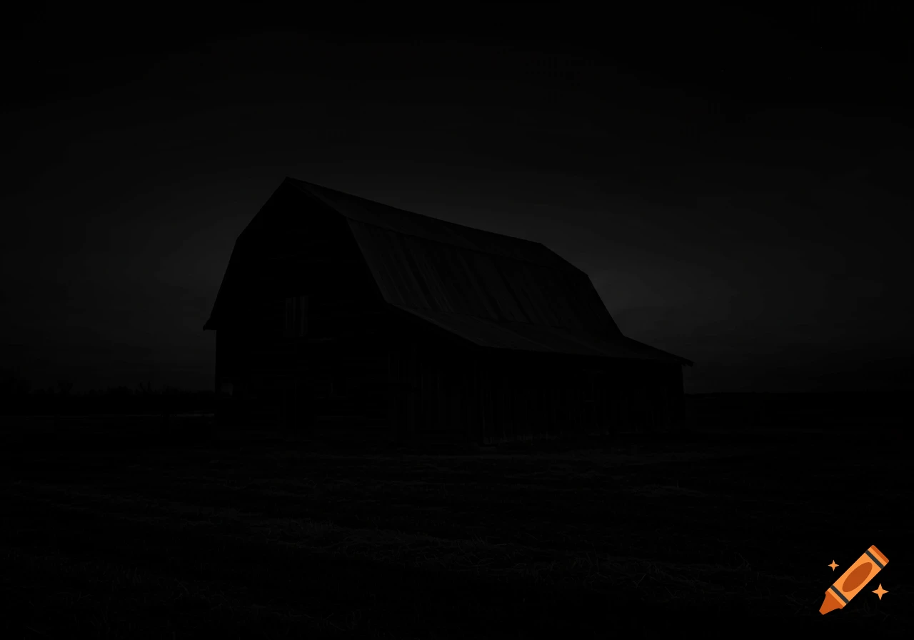 Dark silhouette of a barn against a black night sky.