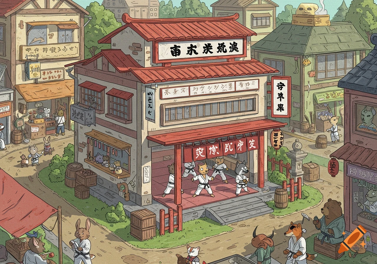 Cartoon illustration of an animal village with a dojo where animals practice martial arts.
