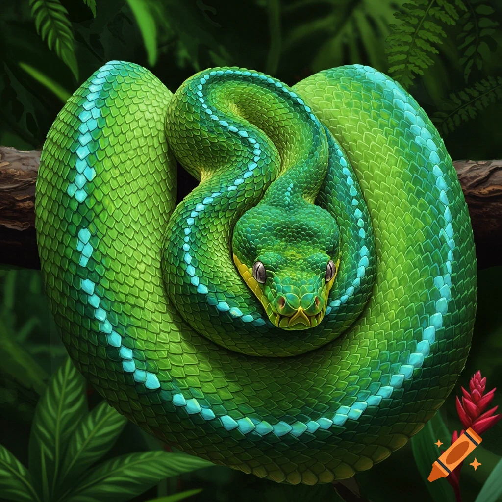 A bright green snake with blue markings coiled on a branch in a dense jungle.