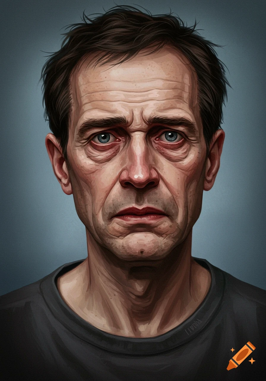 Close-up painted portrait of a pale middle-aged man with a worried expression and blue eyes.